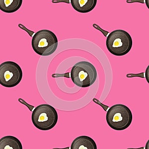 food seamless pattern, fried eggs on pans over pink background. Top view, flatley