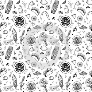 Food seamless pattern. Vector illustration in sketch style. Vintage background for restaurant menu and decoration