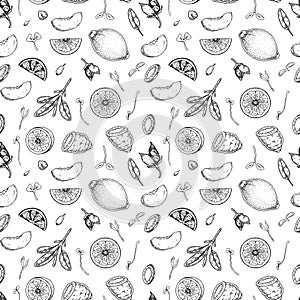 Food seamless pattern. Vector illustration in sketch style. Vintage background for restaurant menu and decoration