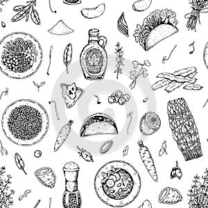 Food seamless pattern. Vector illustration in sketch style. Vintage background for restaurant menu and decoration