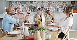 Food, senior parents or happy family toast in home with drinks, wine or celebration for social gathering. Father