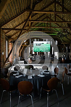 Food served on round table in a white hall during a Birthday corporate party in Eastern European Baltic Riga Latvia -