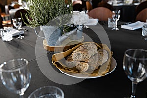 Food served on round table in a white hall during a Birthday corporate party in Eastern European Baltic Riga Latvia -