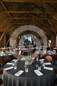 Food served on round table in a white hall during a Birthday corporate party in Eastern European Baltic Riga Latvia -