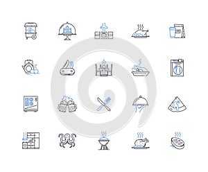 Food-serving business line icons collection. Restaurant, Cafe, Bistro, Diner, Brasserie, Barbecue, Tavern vector and