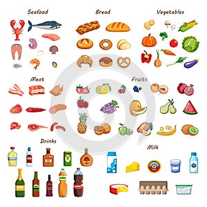 Food set. Collection of various meals, fish and meat, vegetables and fruits, milk and bread