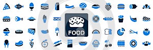 Food set icons for menu, ready meals signs, fruits and vegetables, fish and meat, dish infographics design elements