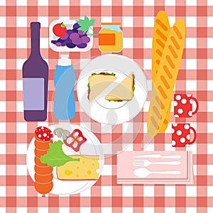 Food set for summer picnic with tablecloth with wine bottle and fruits, french bread