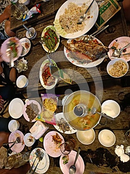 Food set on table in Thai New Year celebration.  food.
