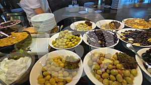 Food on the shelves in the self-service buffet with all inclusive in Turkey