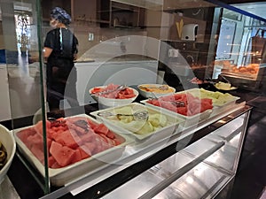 Food on the shelves in the self-service buffet with all inclusive in Turkey