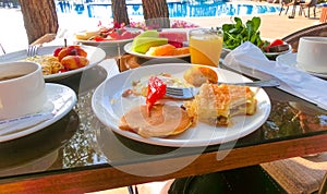 Food on the shelves in the self-service buffet with all inclusive in Turkey