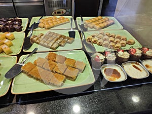 Food on the shelves in the self-service buffet with all inclusive in Turkey