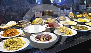 Food on the shelves in the self-service buffet with all inclusive in Turkey