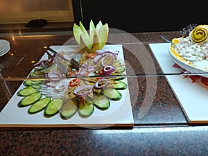 Food on the shelves in the self-service buffet with all inclusive in Turkey