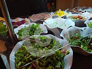 Food on the shelves in the self-service buffet with all inclusive in Turkey