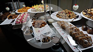 Food on the shelves in the self-service buffet with all inclusive in Turkey