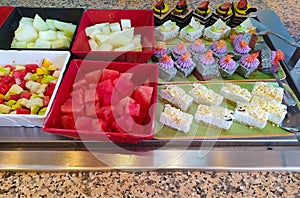 Food on the shelves in the self-service buffet with all inclusive in Turkey