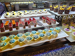 Food on the shelves in the self-service buffet with all inclusive in Turkey