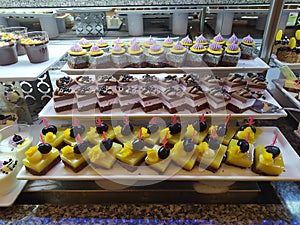 Food on the shelves in the self-service buffet with all inclusive in Turkey