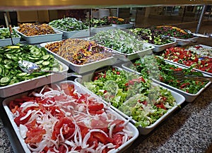 Food on the shelves in the self-service buffet with all inclusive in Turkey