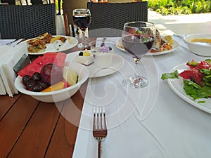 Food on the shelves in the self-service buffet with all inclusive in Turkey