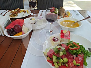 Food on the shelves in the self-service buffet with all inclusive in Turkey