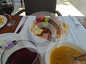 Food on the shelves in the self-service buffet with all inclusive in Turkey