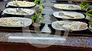 Food on the shelves in the self-service buffet with all inclusive in Turkey