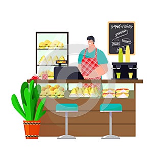 Food shop with burger, sandwich and hotdog, man cafe service isolated on white vector illustration. Fast food, drink and