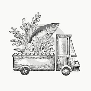 Food shop delivery logo template. Hand drawn vector truck with vegetables and fish illustration. Engraved style retro food design