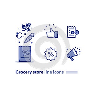 Food shopping bag, grocery store package, fresh vegetables line icon, sale announcement megaphone