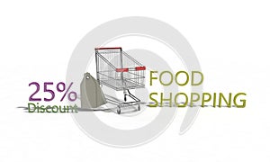 Food shopping Discount %25 on white , 3d render