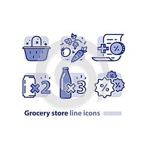 Food shopping, grocery basket, fresh vegetables line icon, reward loyalty program, discount beverage, soda cans offer