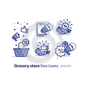 Food shopping, grocery store basket, cheap vegetables line icon, sale announcement megaphone