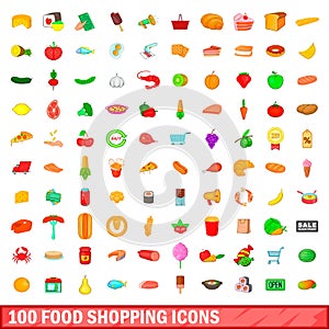 100 food shopping icons set, cartoon style