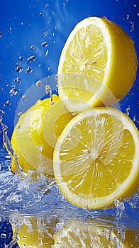 Food shot, super wide Angle, lemon juice waterfall splash, liquid explosion, 2-3 delicate lemon , against a bright blue sky