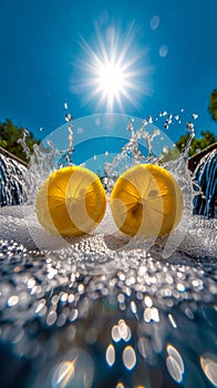 Food shot, super wide Angle, lemon juice waterfall splash, liquid explosion, 2-3 delicate lemon , against a bright blue sky