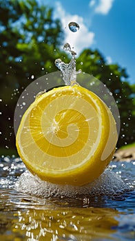 Food shot, super wide Angle, lemon juice waterfall splash, liquid explosion, 2-3 delicate lemon , against a bright blue sky