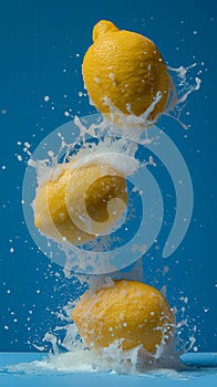 Food shot, super wide Angle, lemon juice waterfall splash, liquid explosion