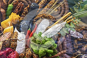 Food Showcase of delicatessen on Market, assortment of sausages and meat prepared products, cheese, fruit, wine