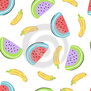 Food simple sketh drawn hand seamless pattern with banana, watermelon, red, yellow and purple colors. For wallpapers photo