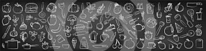 Food sketch on chalkboard background. Hand drawn kitchen utensils, fruit and vegetable. Beet, pepper, pineapple, pomegranate and