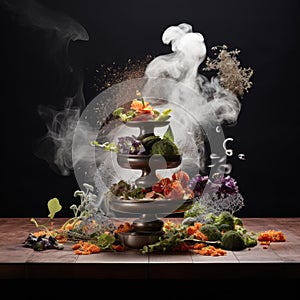 Food and smoke with splash, a perfect fantasy where food and art seamlessly merge. AI Generative