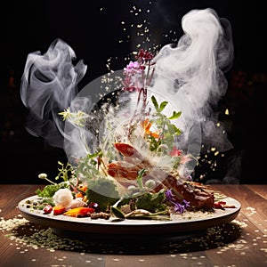 Food and smoke with splash, a perfect fantasy where food and art seamlessly merge. AI Generative