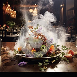 Food and smoke with splash, a perfect fantasy where food and art seamlessly merge. AI Generative
