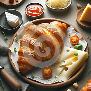 Food snapshots of delicious and crispy croissants, plating with mozarella cheese, top down angle, bakery, bread