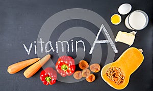 Food sources of natural vitamin A. Top view. Healthy diet concept