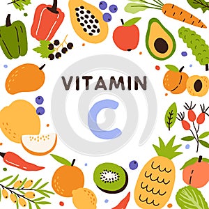 Food sources of Vitamin C. Frame of natural antioxidants, citrus fruits and vegetables enriched with ascorbic acid. Card