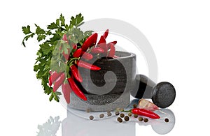 Food and spices herb for cooking , mortar with pestle isolated over white background.